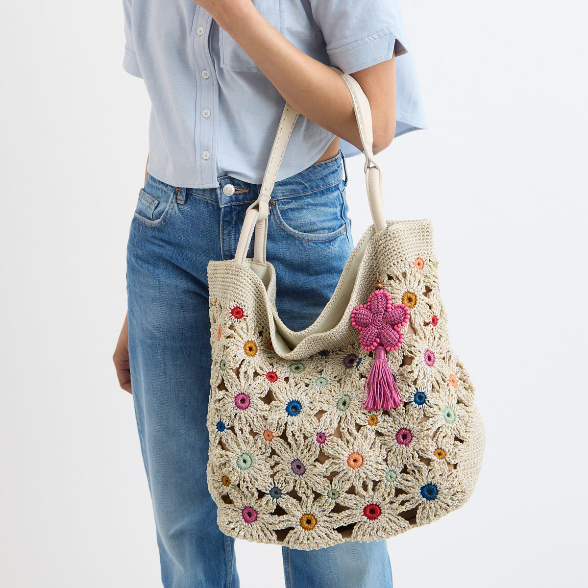The Sak Los Feliz Large Tote - Hand Crochet - Natural Multi Flowers