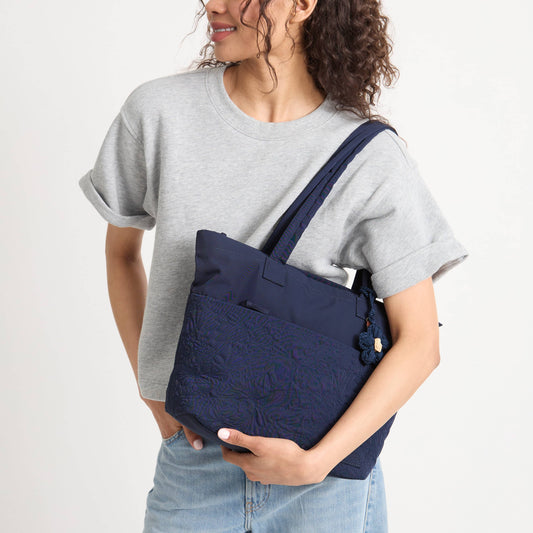 Sakroots Banyan Shoulder Tote - EcoTwill - Navy Flower Blossom Quilted