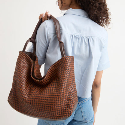 The Sak Los Feliz Large Tote - Leather - Woven Mahogany Cognac