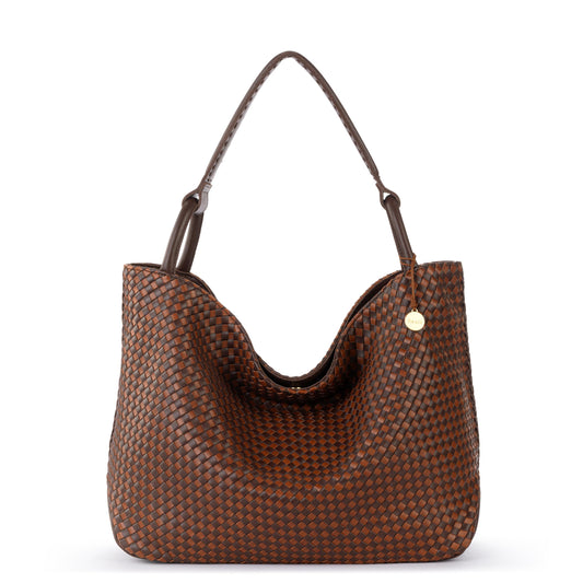 The Sak Los Feliz Large Tote - Leather - Woven Mahogany Cognac