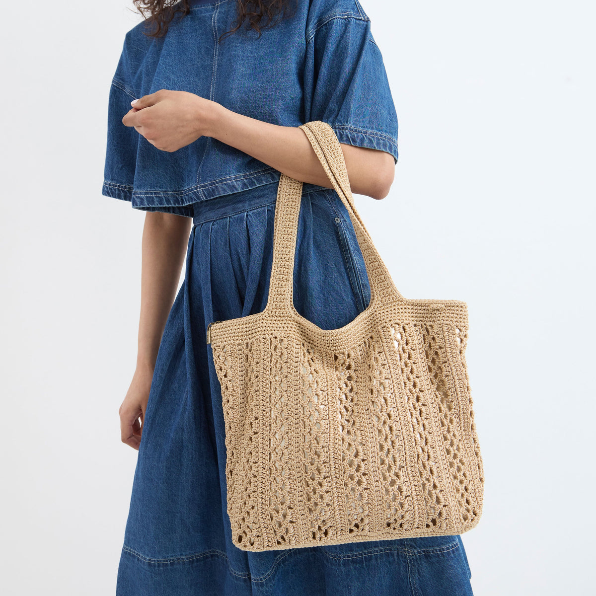 The Sak Sola Carryall Tote - Hand Crochet - Bamboo With Gold