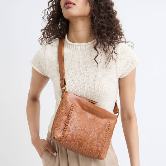 The Sak Melrose Leather Soft Crossbody - Leather - Tobacco Floral Emboss