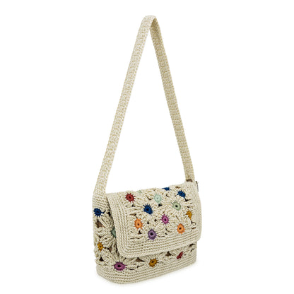 The Sak Marlow Flap Shoulder Bag - Hand Crochet - Natural Multi Flowers