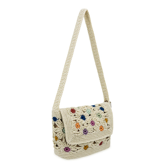 The Sak Marlow Flap Shoulder Bag - Hand Crochet - Natural Multi Flowers