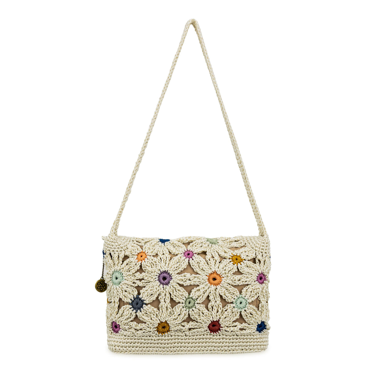 The Sak Marlow Flap Shoulder Bag - Hand Crochet - Natural Multi Flowers