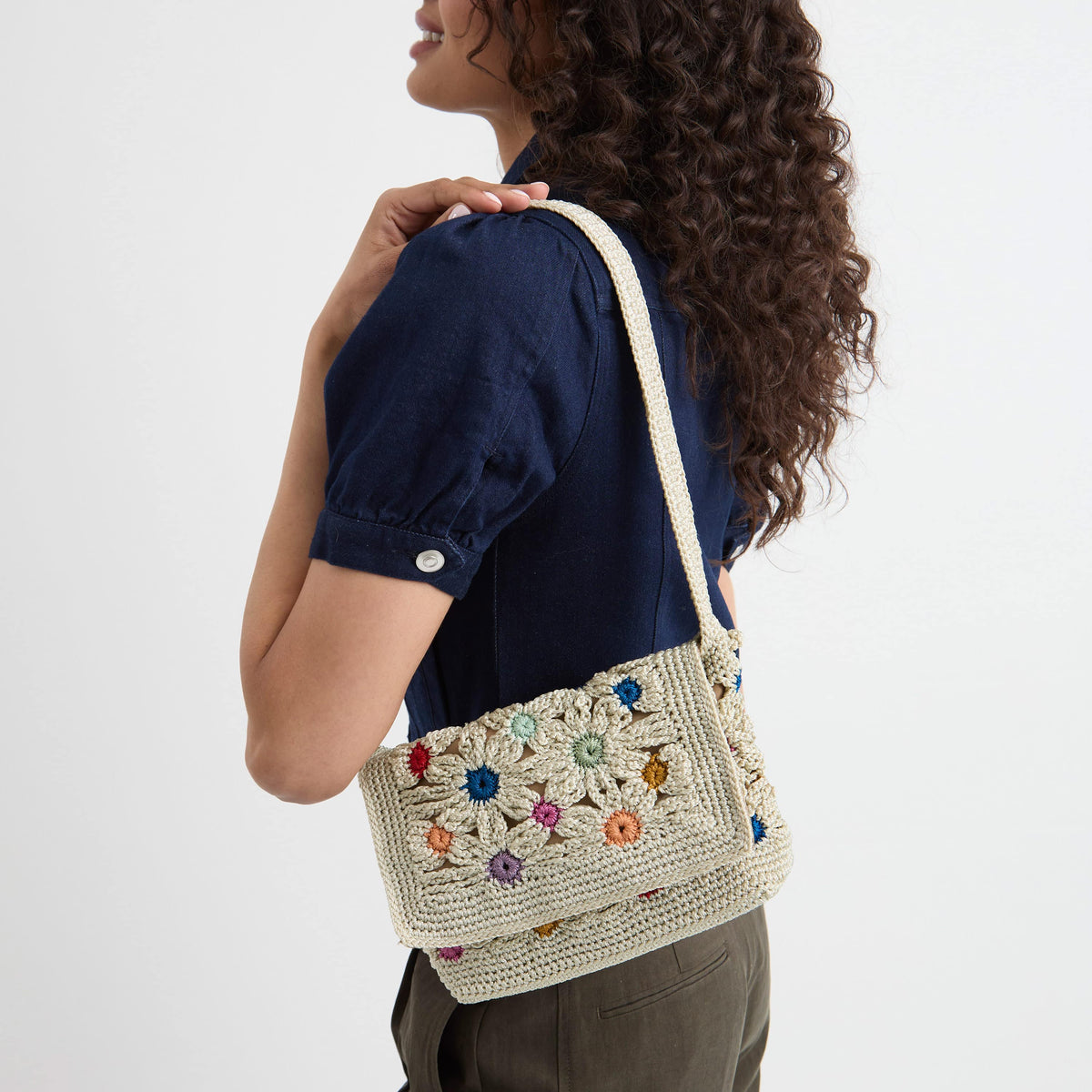 The Sak Marlow Flap Shoulder Bag - Hand Crochet - Natural Multi Flowers