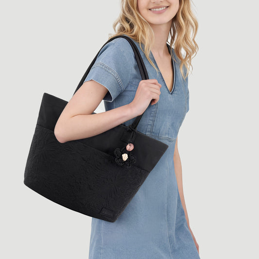 Sakroots Banyan Shoulder Tote - EcoTwill - Black Flower Blossom Quilted