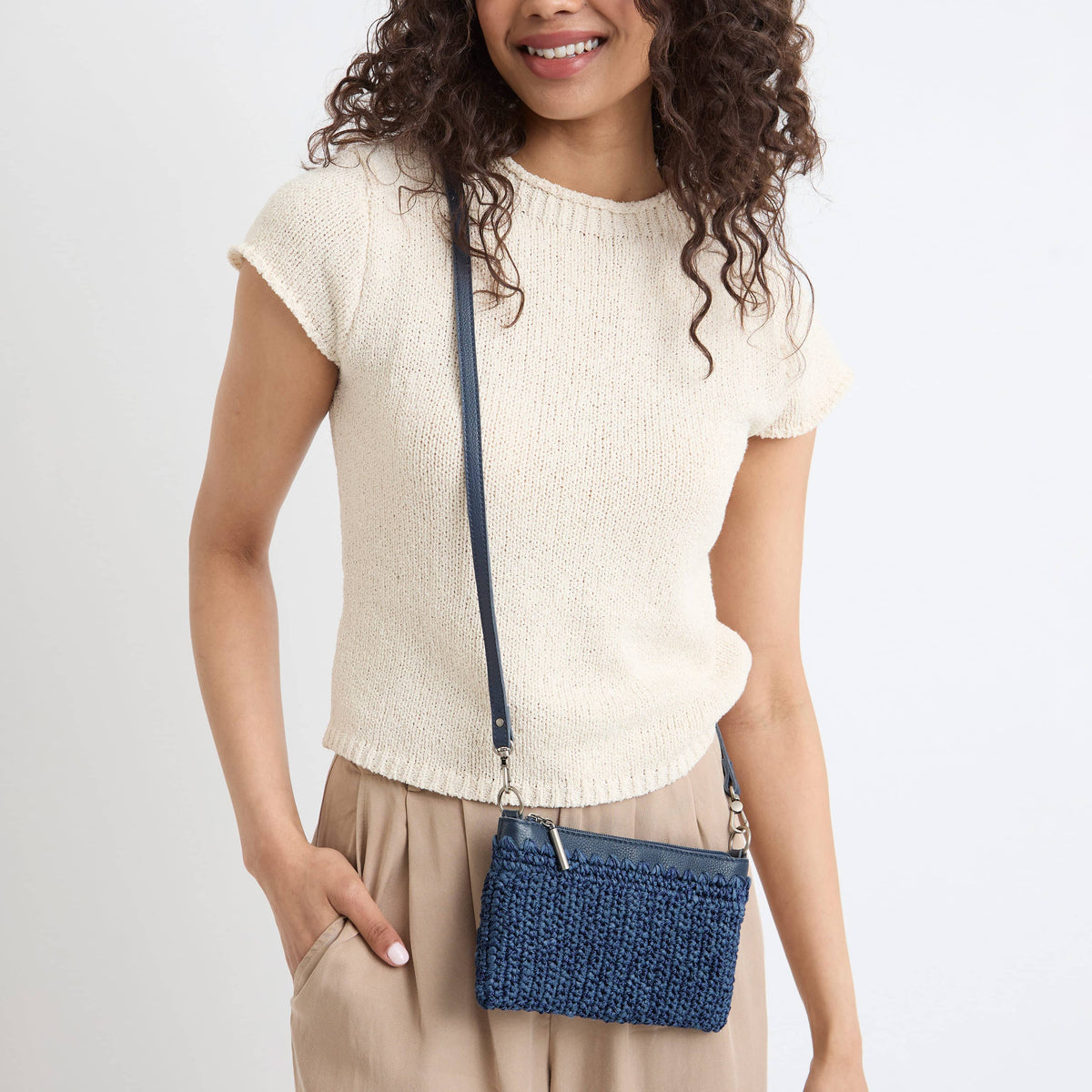 The Sak Vita Convertible Wristlet - Hand Crochet - Denim Tonal Straw