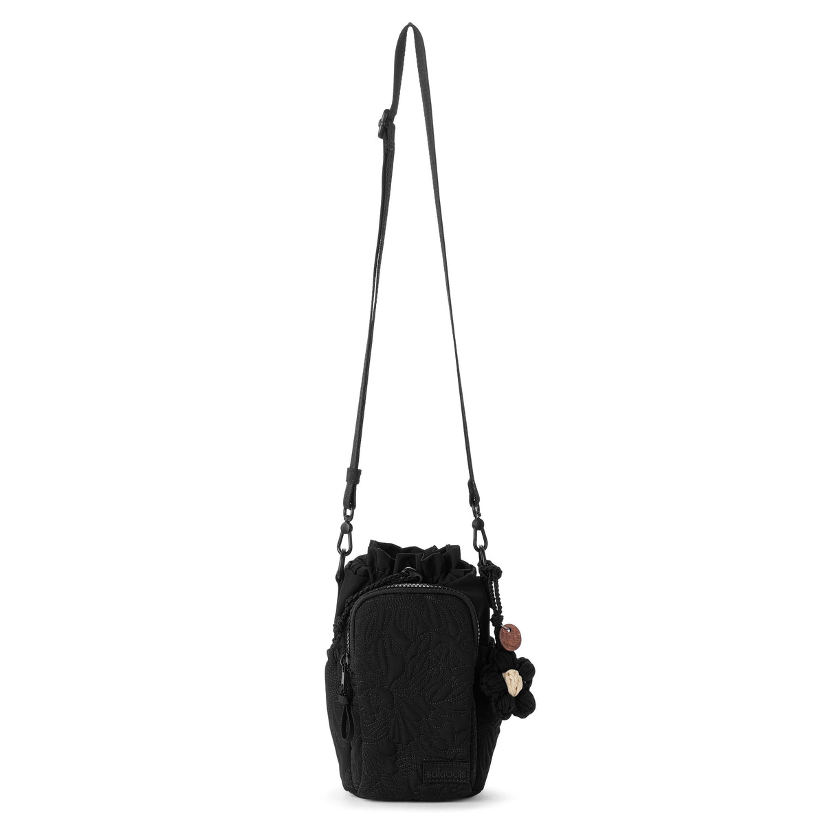 Sakroots Banyan Drawstring Crossbody - EcoTwill - Black Flower Blossom Quilted