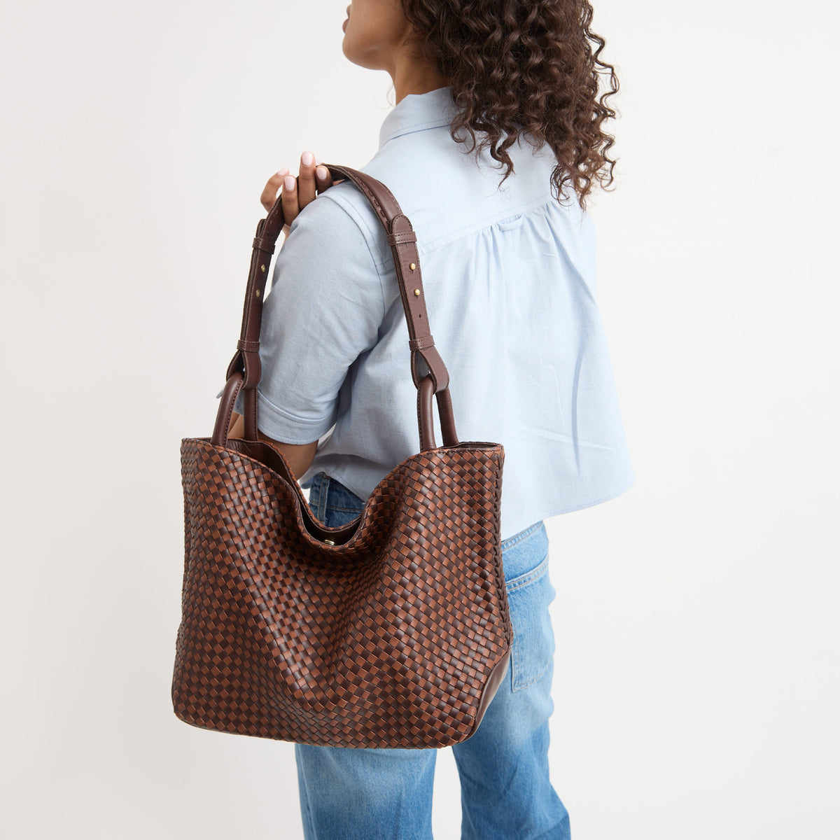 The Sak Los Feliz Medium Tote - Leather - Mahogany Cognac Woven