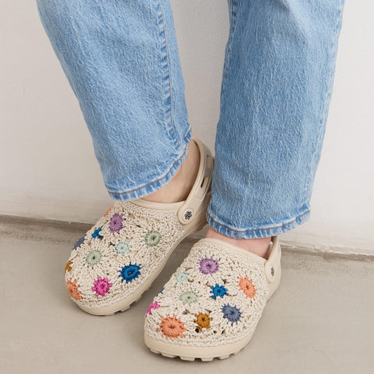 The Sak Bolo Eva Clog - Hand Crochet - Natural Multi Flowers