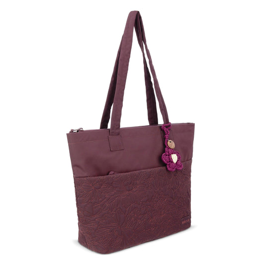 Sakroots Banyan Shoulder Tote - EcoTwill - Black Cherry Flower Blossom Quilted