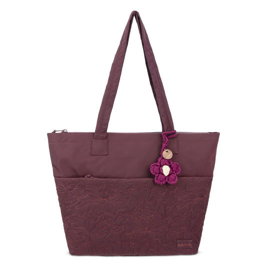 Sakroots Banyan Shoulder Tote - EcoTwill - Black Cherry Flower Blossom Quilted