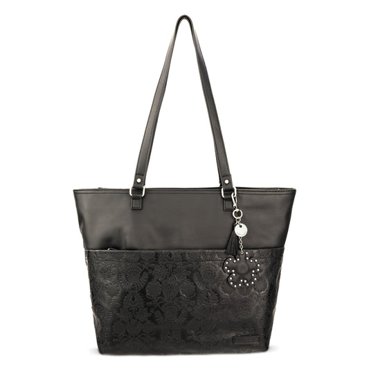 Sakroots Banyan Shoulder Tote - EcoTwill - Black Floral Embossed